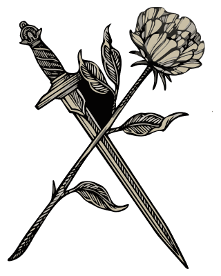 Hand-drawn tattoo flash of a dagger crossed with a long-stemmed rose