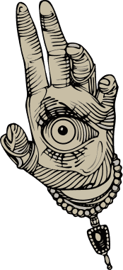 Hand-drawn tattoo flash of an open palm holding an eye, with a string of beads at the wrist