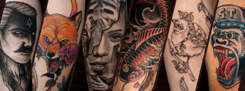 Six tattoos by the artists of Bad Apples Tattoo Emporium - blackwork portrait, colour fox, black and grey portrait, Japanese koi, fine line bird and neo-traditional gorilla