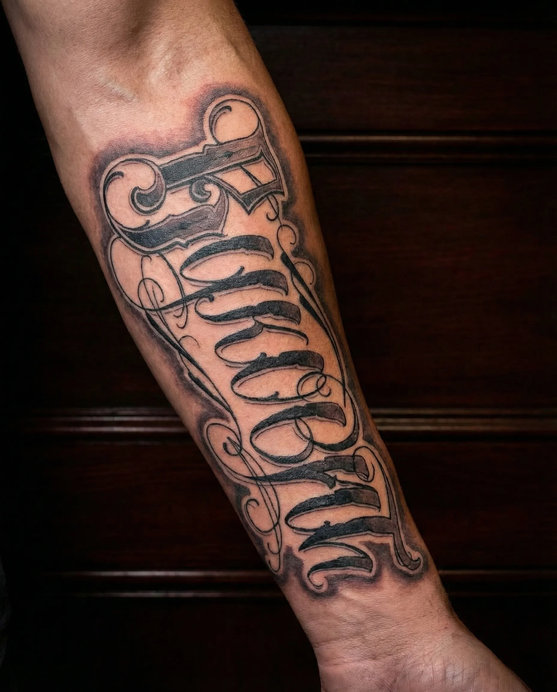 Script & Lettering tattoo by Squid at Bad Apples Tattoo Emporium, Taringa Brisbane